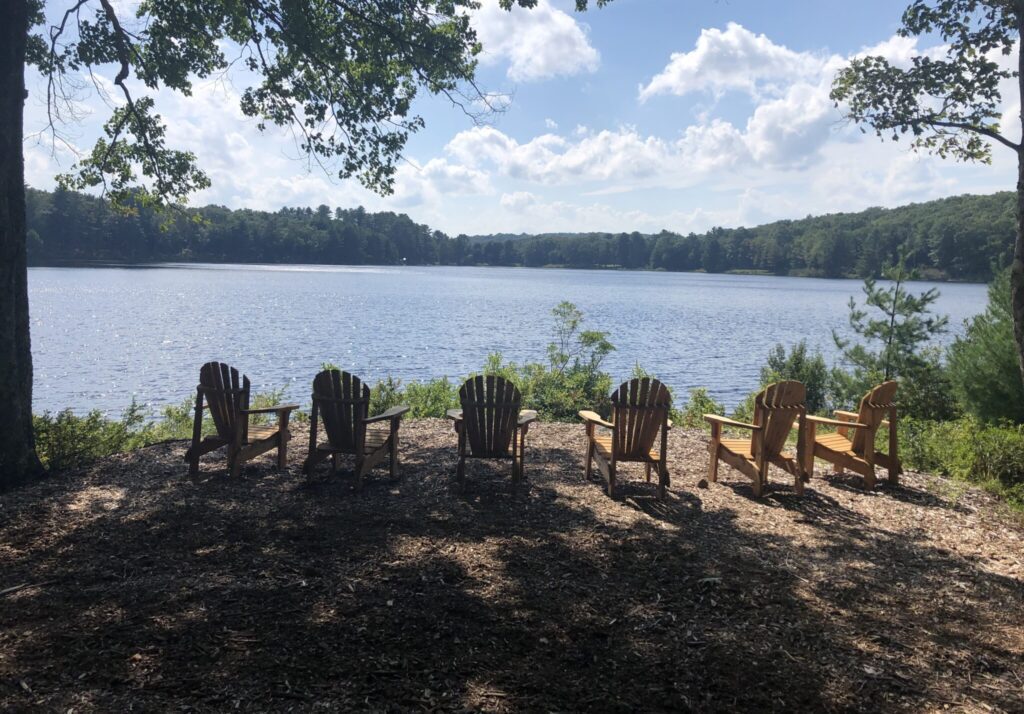 Wooden seats overlooking a lake